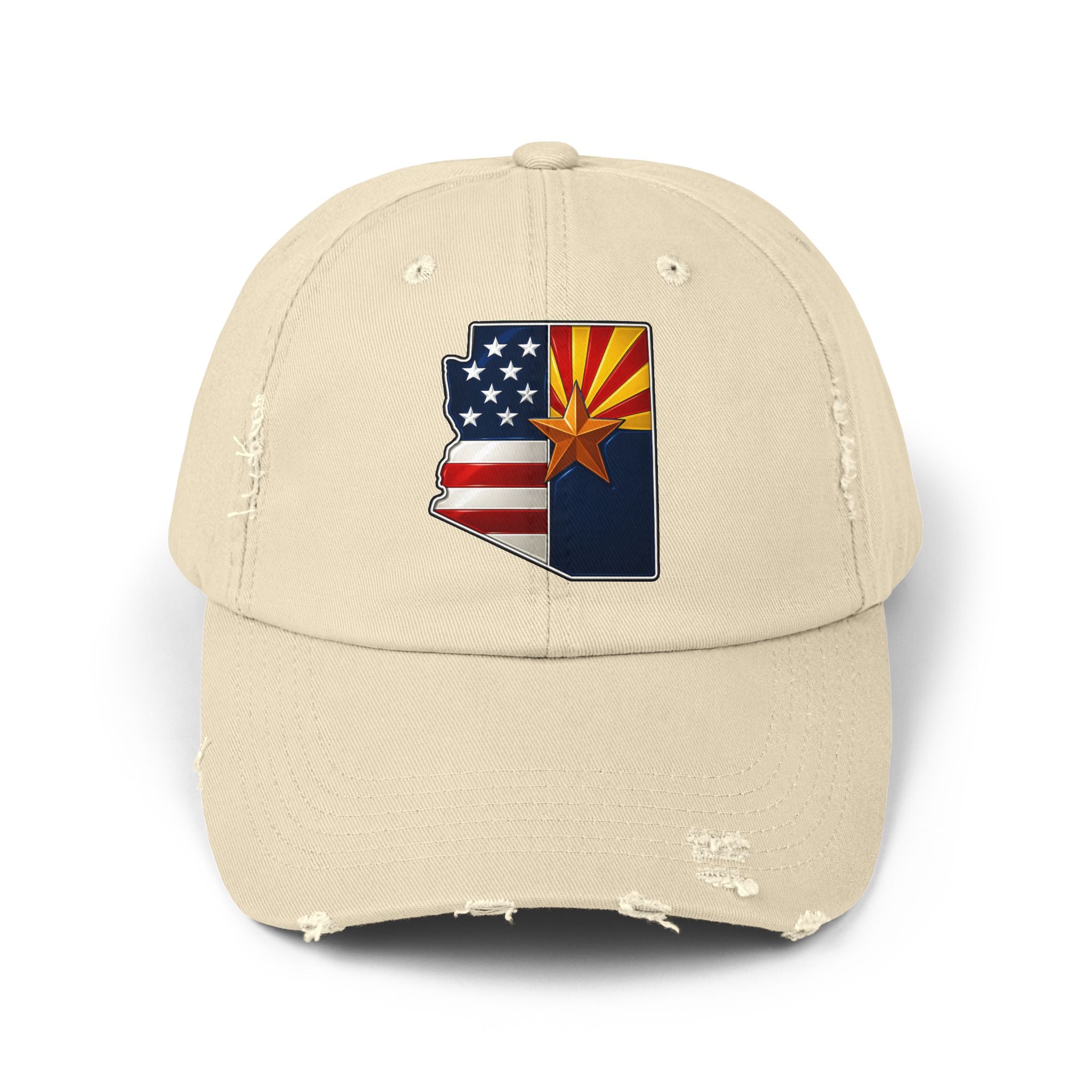 Born in America - Raised in Arizona Unisex Distressed Cap, Casual Vintage Hat, Outdoor Style Cap, Gift for Dad, Americana Fashion