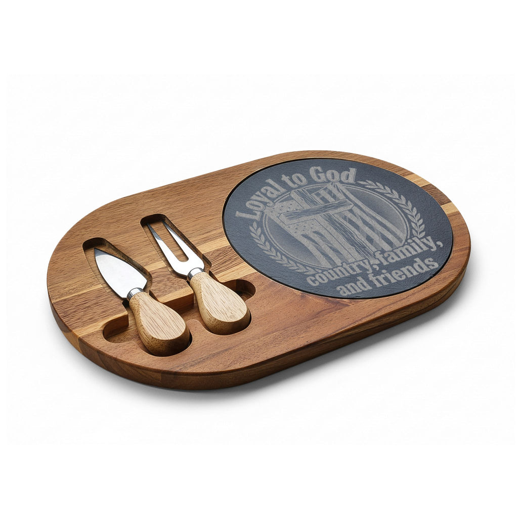 Engraved Acacia Charcuterie Board with Slate Inlay & Cheese Knife Set — Rustic Entertaining Gift