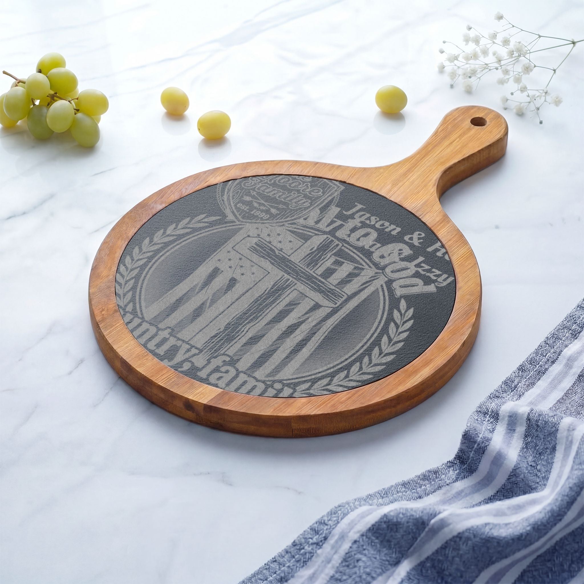 Engraved Acacia Charcuterie Board with Slate Inlay & Cheese Knife Set — Rustic Entertaining Gift